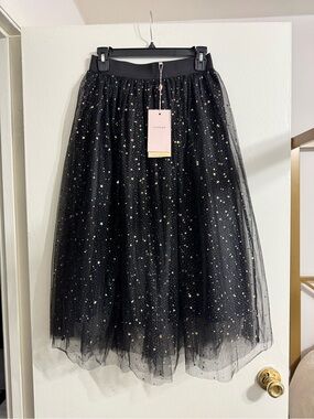 Black Starry Tulle Midi Skirt